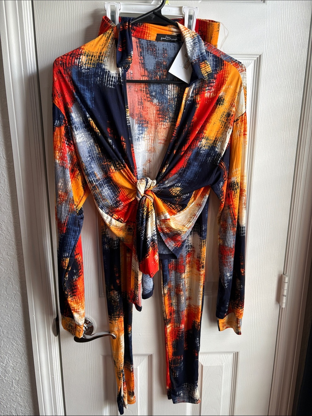 Abstract Tie-Front Long Sleeve Top Legging Set- Multi Color